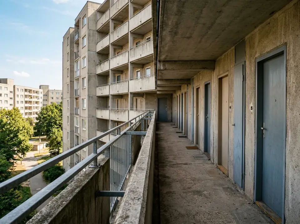 Panelház nyitott folyosója egyszerű lakásbejárati ajtókkal